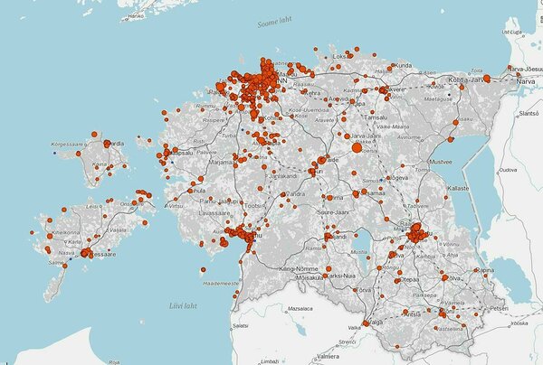 Map showing current heat system installations at Estonia in 2023. See details here: https://t.ly/zzL7