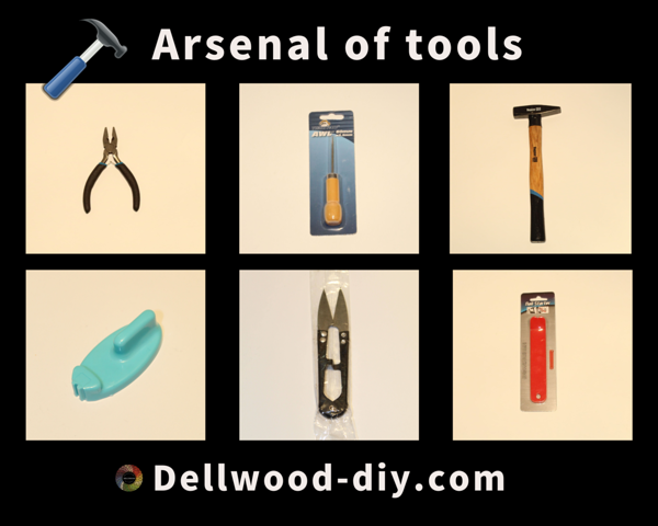 STring art tools - hammer, nail punch, pliers, threadscissors, nailholder