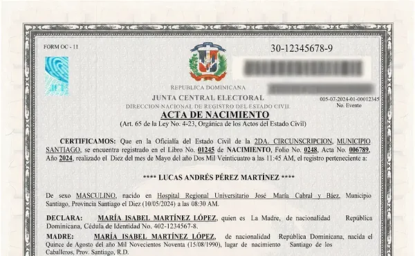Dominican Republic birth certificate issued by the Junta Central Electoral civil registry