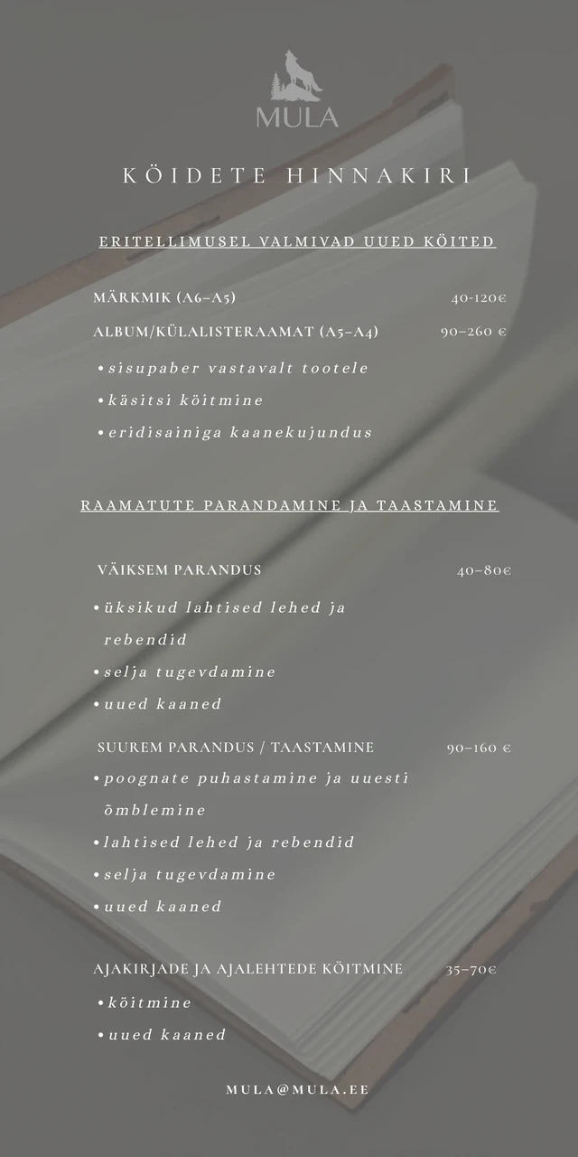 Mula köidete hinnakiri 2026