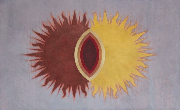 “Black and White Sun” egg-tempera on wooden board, 65x40 cm/ 25.6x16 in, 2023