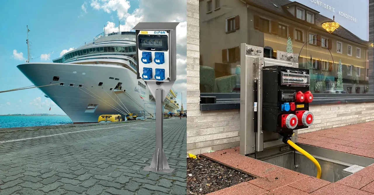PLUG & PLAY power systems that save time and money. Left: MARINA power bollard at a quayside – in demanding marine environments. Right: CAMPETTO floor hatch in a city square – invisible yet accessible. Both are factory pre-assembled .