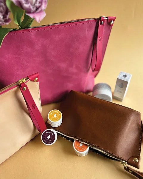 Nude & fuchsia, fuchsia and brown pouches