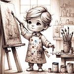 Dall·e 2024 02 01 12.46.50   create an illustration of a small child depicted as a professional painter in a drawing style. the child, with an air of concentration and skill beyon