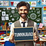 Dall·e 2024 02 01 15.24.14   an image of a joyful teacher holding a sign that reads  tunnikavad  in bold letters. the teacher is standing in a classroom filled with educational ma