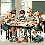 Dall·e 2024 02 06 11.39.22   create an illustration of a classroom scene with four younger estonian students, two boys and two girls, working together around a single table. they 