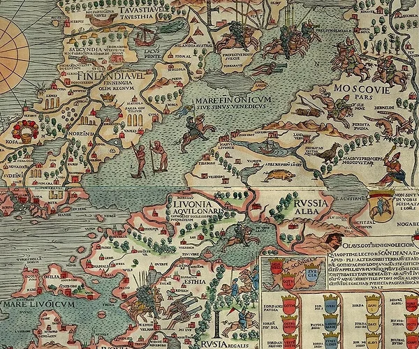                                                        Väljavõte Olaus Magnuse 1539. aasta kaardist. Narva ja Ivangorod väljavõtte keskel ratsu esikapjade all. Carta Marina - Carta marina - Wikipedia.