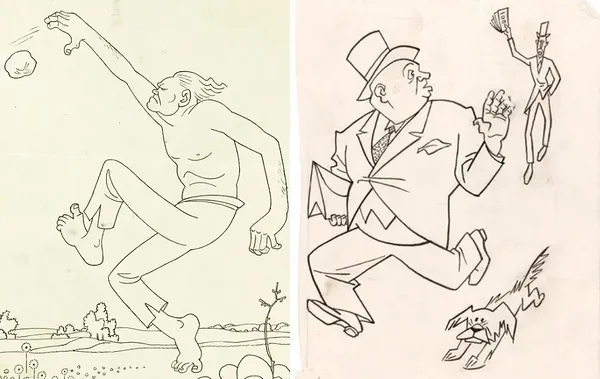 Vasakult „Esimene iseseisvus“, „Põgenevad võlausaldajad“, Gori. Karikatuur, Eesti Kunstimuuseum