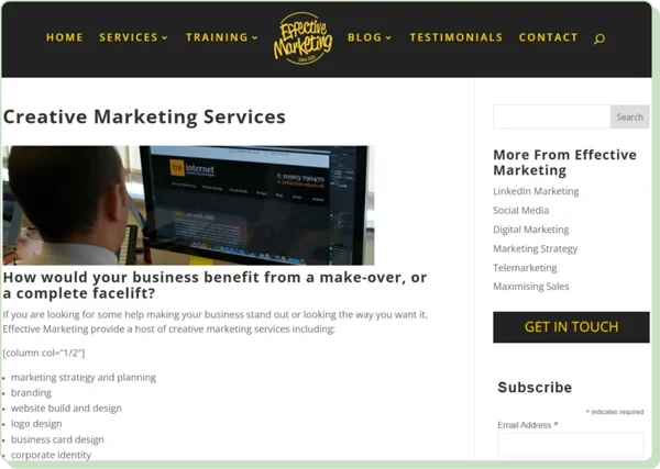 Effective Marketing Company - example of landing page mistakes