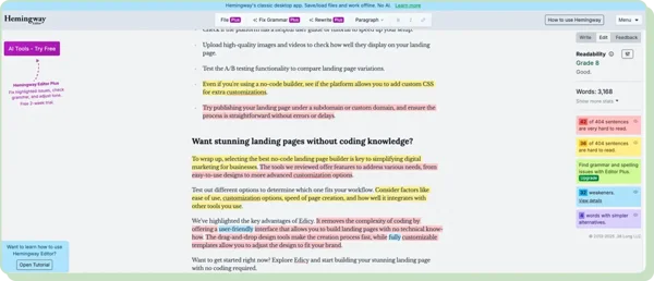 Hemingway Editor: landing page optimization tools
