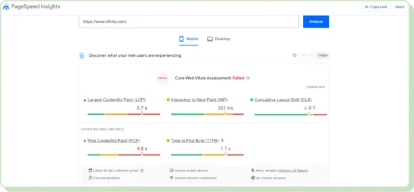 Xfinity.com metrics in Google PageSpeed Insights