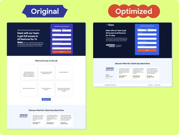 Flare landing page before & after optimization