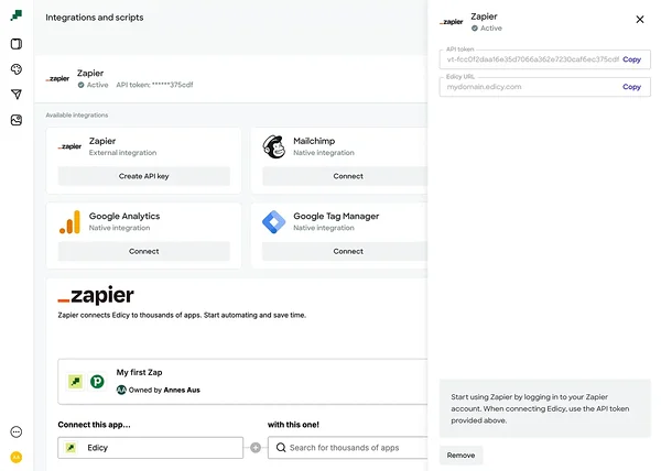 Edicy "Integrations" view with Zapier sidebar open to get API token
