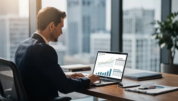business consultant reviewing market data on laptop in modern office
