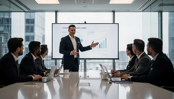 professional presenting to business audience in conference room