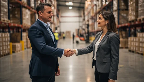 handshake between two business professionals in logistics warehouse
