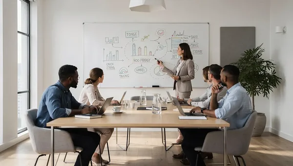 business team planning session around whiteboard in Scandinavian style meeting room