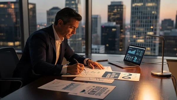 executive reviewing growth strategy documents at desk overlooking city