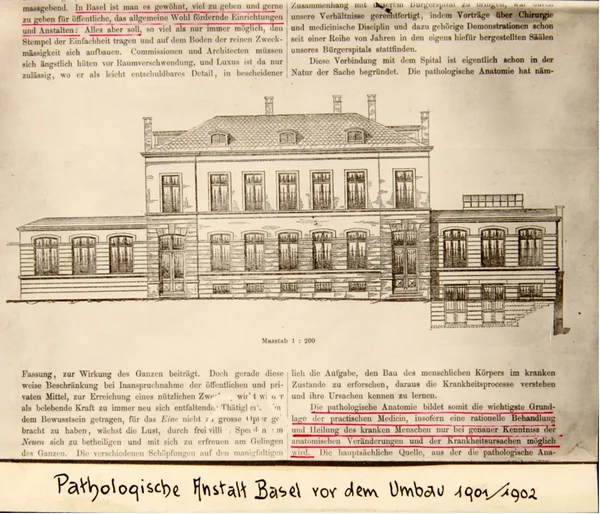 Die Pathologisch-anatomische Anstalt im Spitalgarten zu Kaufmanns Amtszeit. Neubau des Instituts 1878-1880, erweitert 1901 und 1923.  Der Architekt war Paul Reber (1835–1908). Von ihm stammen mehrere Spitalbauten in Basel und noch mehr Sakralbauten in der Schweiz. Das Institut für Pathologie ist in Wikipedia nicht gelistet (siehe Lit.).
