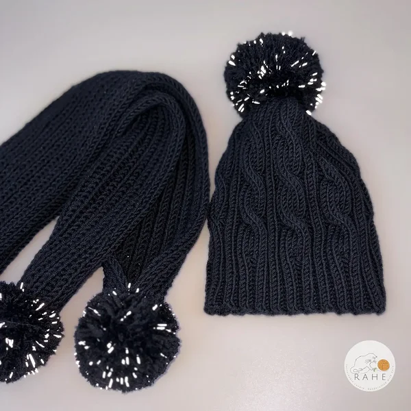 Hand-knitted merino wool black scarf for kids. Black long scarf with reflective pom poms. Estonian handicraft gift idea.