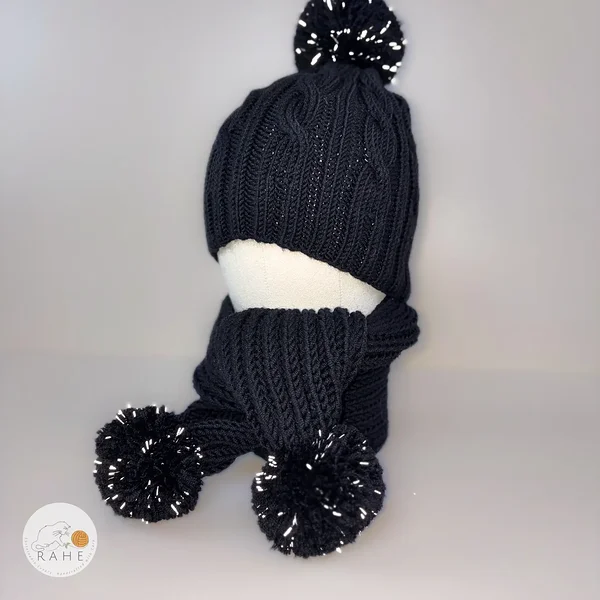 Merino wool scarf and hat set in black. Reflective pom poms for extra safety in the dark. Estonian handicraft gift idea.