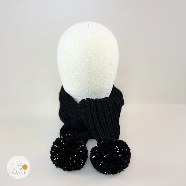 Hand-knitted merino wool black scarf with reflectors.  Kids, teens, and women scarves. Estonian handicraft