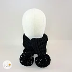Black merino wool hand knitted scarf reflective pompoms front view rahecraft