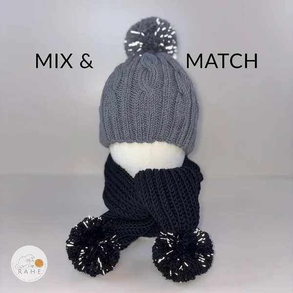 Hand-knitted merino wool scarf and hat sets in grey and black. Knitted bobble winter hats for kids. Estonian handmade.