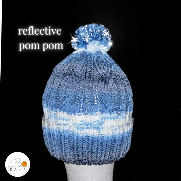 Reflective bobble beanie, gradiend blue and white cable knit winter hat, one size fits all, vry stretchy and soft