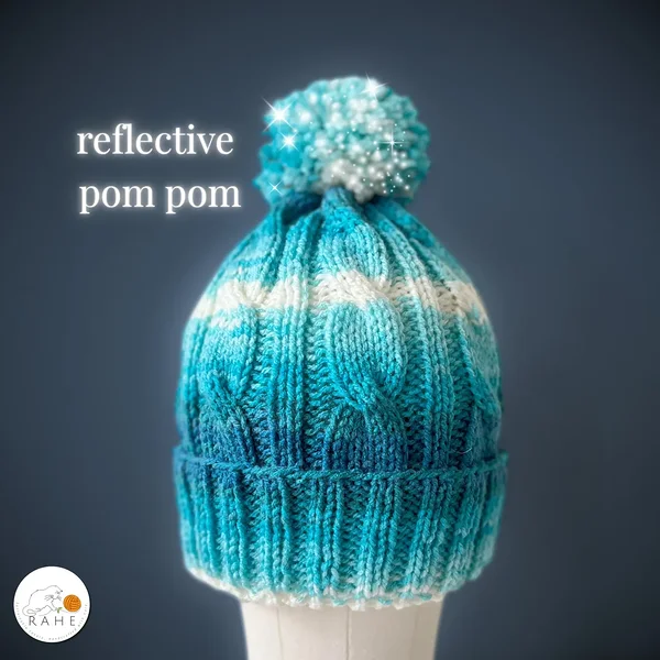 Hand-knitted reflective beanie for kids, teens and adults. Very stretchy, beautiful classical cable knit. Great gift.