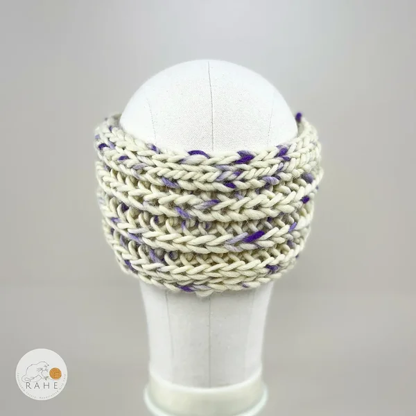 Hand-knitted wool headband in off-white and purple speckled yarn. Christmas gift idea for her.