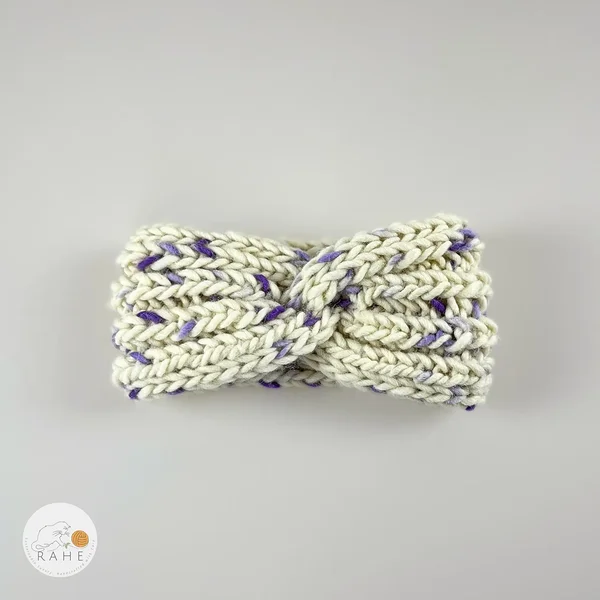 White and purple twisted headband for women. Autumn-winter knitwear accessory for her. Handmade in Estonia.