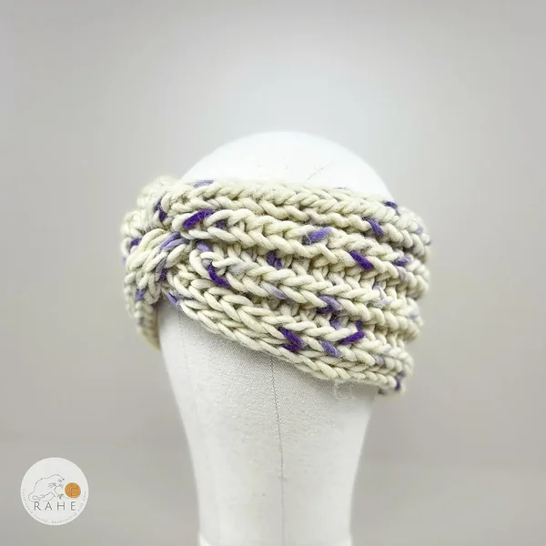 Dotted ear warmers for women in white and purple. Stretchy fisherman's knit. Cozy Estonian handicraft gift idea.
