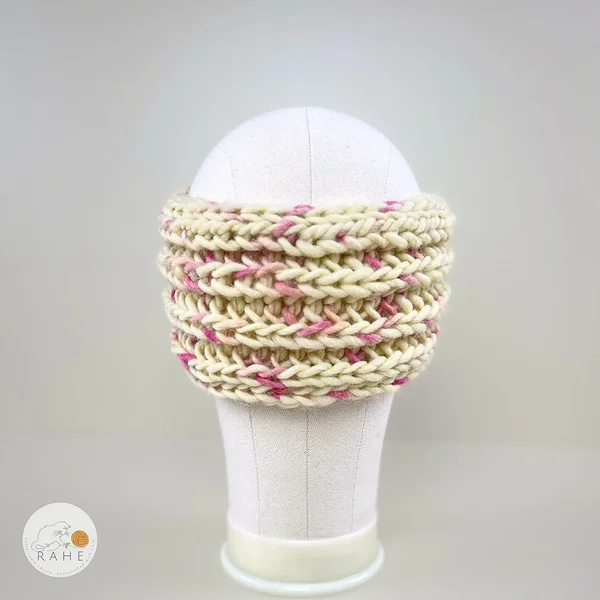 Hand-knitted wool headband in off-white and pink speckled yarn. Christmas gift idea for her.