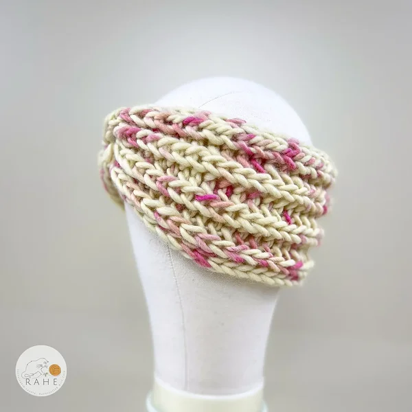 Dotted ear warmers for women in white and pink. Stretchy fisherman's knit. Cozy Estonian handicraft gift idea.