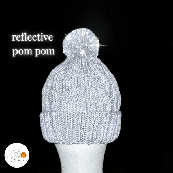 reflective hat for kids, teens and petite adults, classic cable knit beanie in grey with a non-slip brim, stretchy and soft