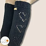 Hand knit black lace heart leg warmers front view rahecraft