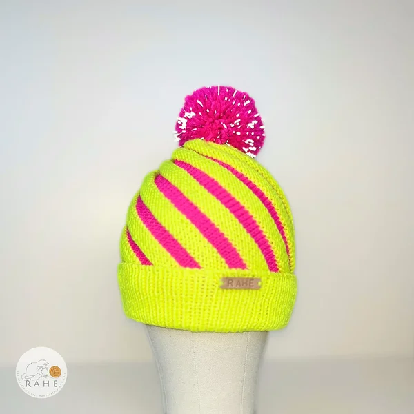 Hand-knitted merino wool neon yellow bobble hat. Warm double brim reflective beanie. Handmade gift for kids and teens. Cute striped hat.