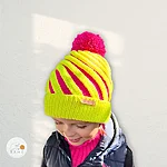 Hand knit merino reflective pom winter hat neon yellow pink rahecraft front view