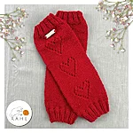 Hand knit wool blend red lace heart leg warmers flat view rahecraft