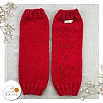 Hand knit wool blend red lace heart leg warmers flatlay rahecraft