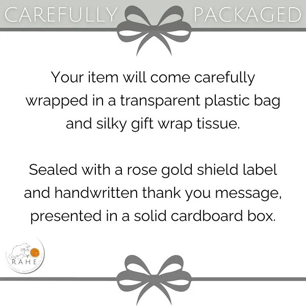 RAHEcraft handmade packaging details gift wrapped knitwear, leg warmers packed in plastic bag and tissue paper with rose gold sticker and handwritten thank you note, small business gift packaging presentation