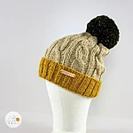 Hand knitted acrylic hat scarf set reflective pom poms dark green mustard beige kids rahecraft angled left
