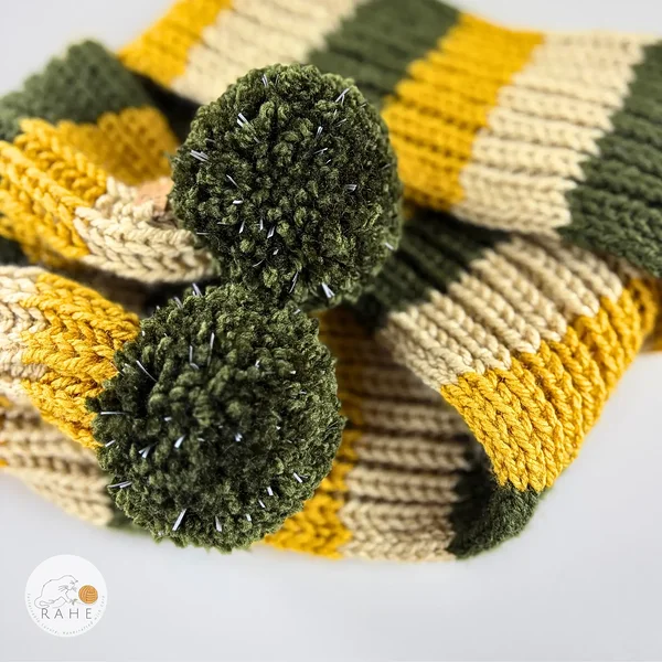 Hand-knitted beige, mustard yellow, dark green acrylic pom-pom scarf.
