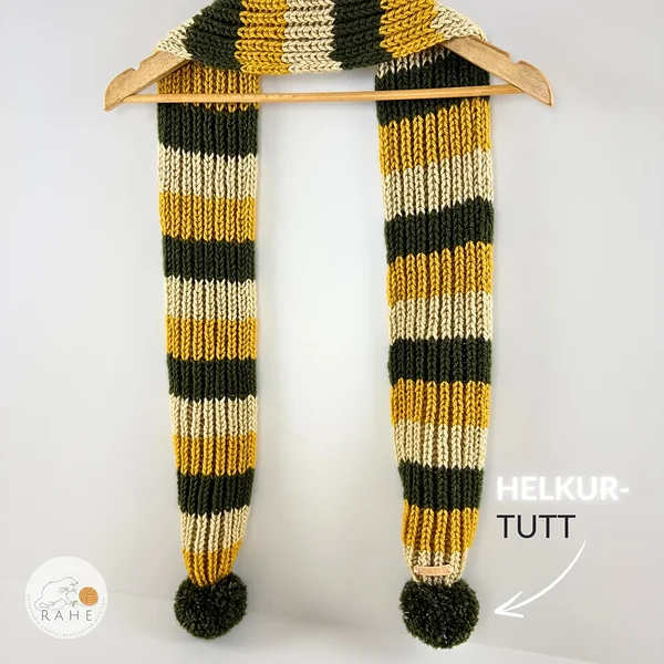 Käsitsi kootud triibuline akrüüllõngast pikk sall helkurtuttidega. Beeži, sinepikollase ja tumerohelise triibuline soe ja veniv sall.
