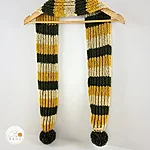 Hand knitted acrylic hat scarf set reflective pom poms dark green mustard beige kids rahecraft scarf long view 1