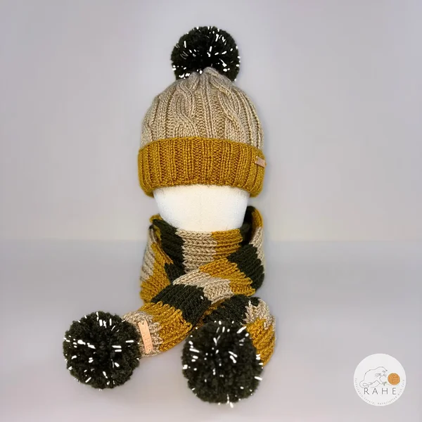 Hand-knitted winter hat and scarf set for kids and adults.