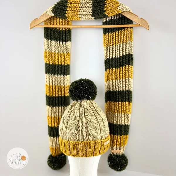 Hand-knitted cable knit hat and striped scarf set for kids and adults.