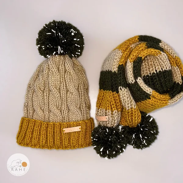 Knitted reflective warm and stretchy winter hat and long striped pompom scarf. Handmade in Estonia.