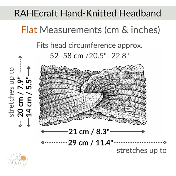 RAHEcraft hand-knitted wide headband measurement chart, flat measurements shown in centimeters and inches, stretchy ribbed knit design with front twist, hand-crocheted scalloped edge, fits head circumference 52–58 cm, RAHEcraft